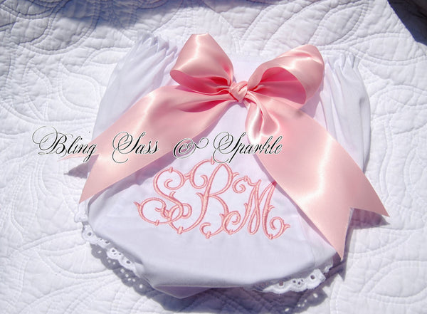 Sweet Baby Girl Bloomers with Monogram and Double Satin Bow
